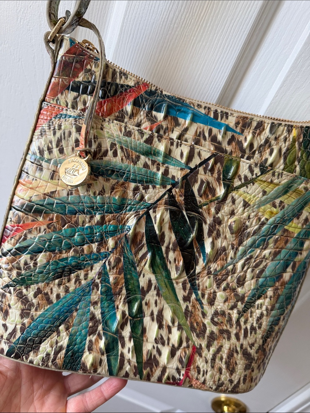 Brahmin Multicolor Palm-Print Crossbody in Beige, Teal, Green, Red - Picture 2 of 4